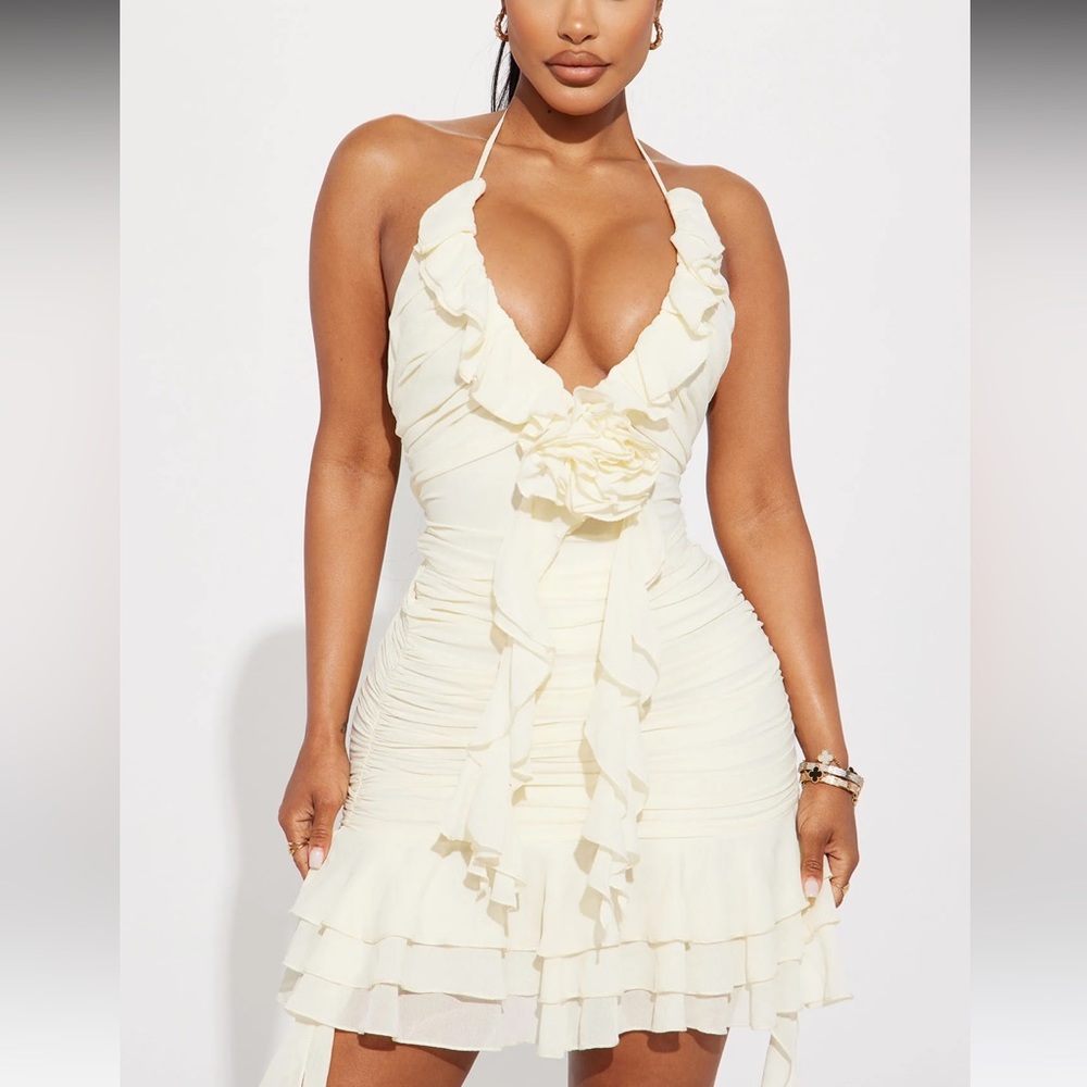 Fashion Nova Cream Ruffle Halter Mini Dress